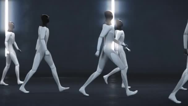 Los cyborgs se apresuran a trabajar en lugar de la gente. renderizado 3d — Vídeos de Stock