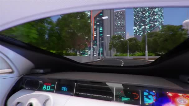 A self-driving car drives through the daytime city. Autonomous business machine. 3D rendering. — Stock Video