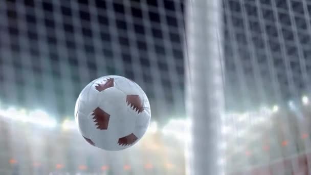 Fußball-WM, Katar. Es fliegt in das Gitter des Tores, vor dem Hintergrund der Lampen. Zeitlupe. 3D-Rendering. — Stockvideo