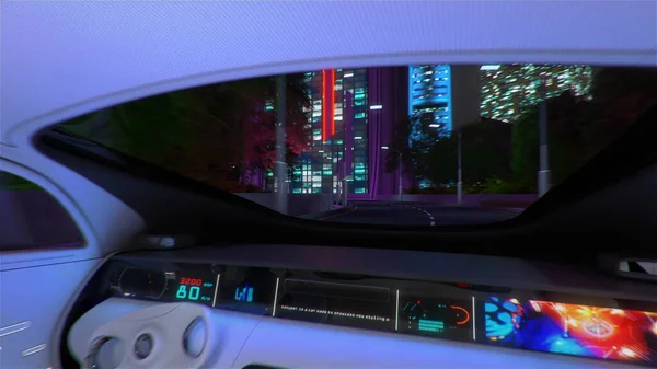 Νυχτερινή θέα της πόλης από το αυτοκίνητο με αυτόματη πλοήγηση. 3D εικονογράφηση. — Φωτογραφία Αρχείου