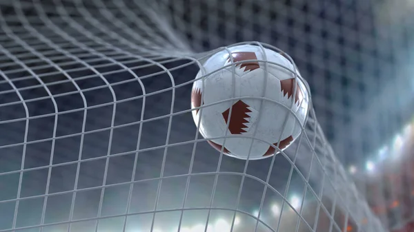 Der Ball fliegt ins Netz. Ein straffer Plan vor dem Hintergrund der Flutlichtanlage im Stadion. 3D-Illustration. — Stockfoto