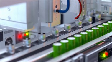 Lityum iyon pilleri üretimi için konveyör hattı. Ekolojik enerji. Üç boyutlu illüstrasyon. 3B görüntüleme.
