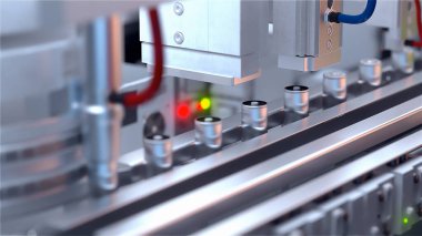 Lityum iyon pilleri üretimi için konveyör hattı. Ekolojik enerji. Paketlenmemiş piller. Üç boyutlu illüstrasyon. 3B görüntüleme.