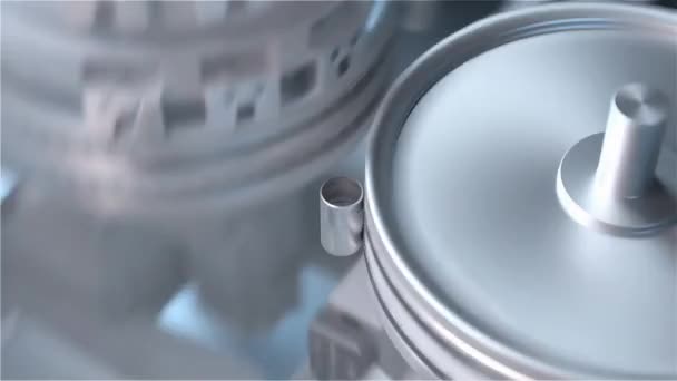 Conveer voor de productie van lithium ion batterij. Stempelen van batterijen, aanbrengen van beschermende coating. Een close-up. 3D-weergave. — Stockvideo