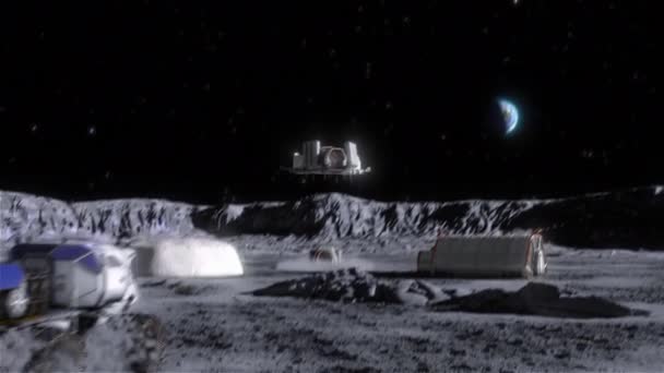 Pembangunan koloni bulan. Pendaratan modul dasar. Pergerakan rover bulan ke dasar. Perender 3D. — Stok Video