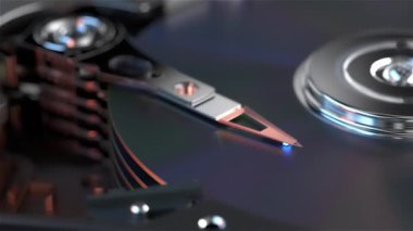 Bilgisayar sabit diski, sabit disk operasyonu. Kayıt sürücüsü kurulumu. Yakın plan. 3B görüntüleme.