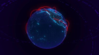 Dünya gezegeni, arka planda bir gece. Parlak internet iletişim hatları. Kıtaların etkileşimi bir bağlantıdır. 3B illüstrasyon