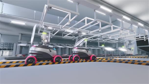 Usine de tri des produits. Chargement de robots de livraison autonomes. Animation 3D. — Video