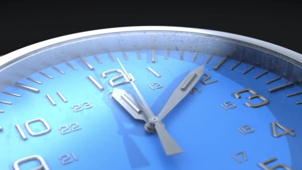 时钟箭头显示的时间。蓝色的手表脸。3D动画 — 图库视频影像