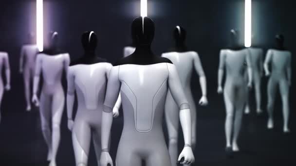 Humanoidní kyborgové jdou ve skupině naproti kameře. 3D vykreslování — Stock video