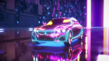 Neon renkli bir spor araba gece yolunda gidiyor. 3B görüntüleme.