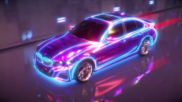 Неоновий спортивний автомобіль їде по нічній дорозі. 3D візуалізація . — стокове відео