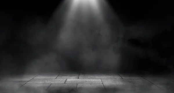 スタジオ暗い部屋の空のスペース黒の背景にスポット照明や霧や霧とコンクリート床グランジテクスチャの背景 — ストック写真