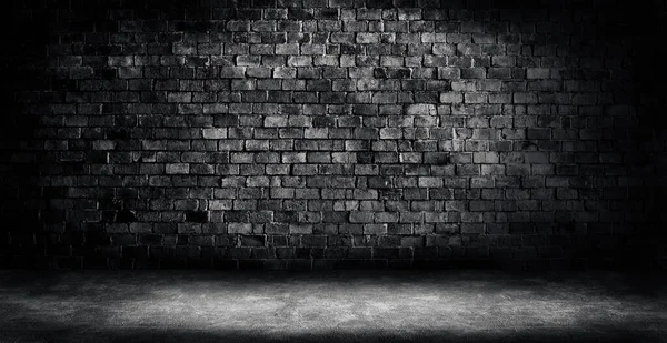 工作室黑暗房间的空旷空间黑色砖墙的磨擦纹理背景 — 图库照片