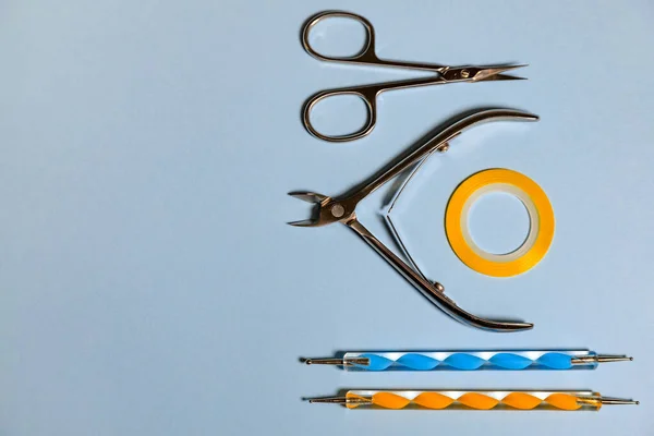 Blue Yellow Set Tools Manicure Nail Design Dotting Pens Light — Foto de Stock