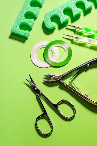 Green Set Tools Manicure Pedicure Nail Design Light Green Background — Foto de Stock