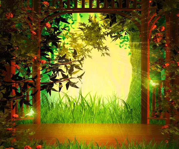 Magic Garden Background Wooden Stage — Stock Photo, Image
