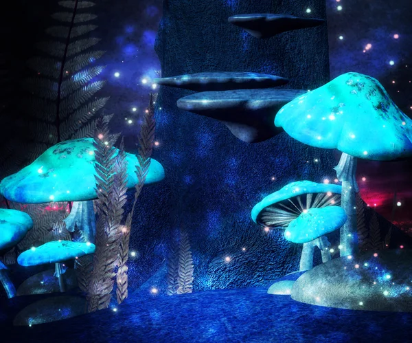 蘑菇魔法仙境蓝色背景 — 图库照片