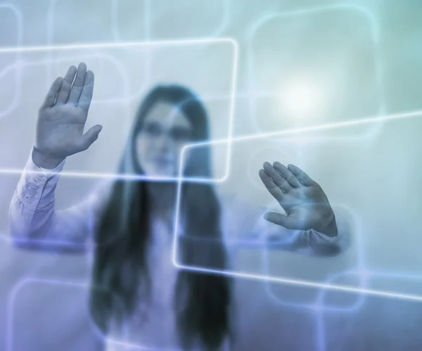 Girl Using virtual PC Touch Screen — Stock Photo, Image