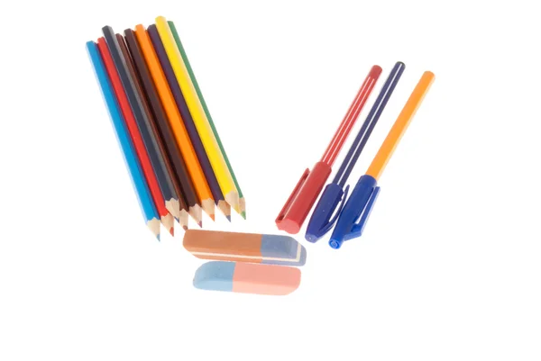Crayons, canetas e borrachas — Fotografia de Stock