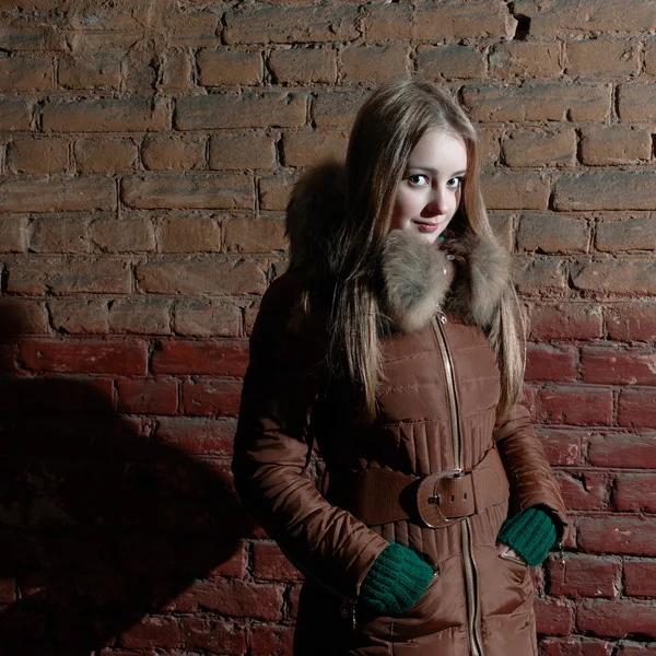 Attractive girl in winter near brick wall — Stock Photo, Image