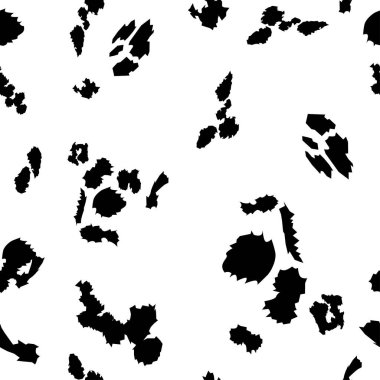 Kusursuz Dalmaçyalı kürklü hayvan izi. Hayvan derisi şablonu. Belirli bir geçmişi var. Vektör tasarımı çizimi. Rastgele sığır benekleri elle çizilmiş tasarım. Çiftlik hayvanı dokuma afişi.