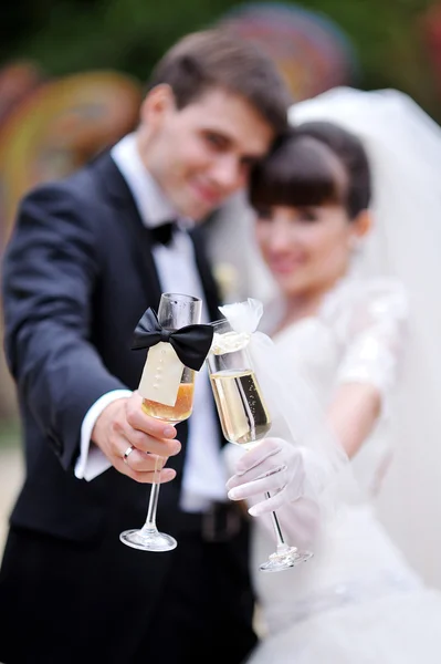 Bride and groom with glasses of champagne — Stock Photo, Image