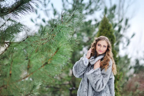 Femme en manteau de fourrure au parc d'hiver — Photo