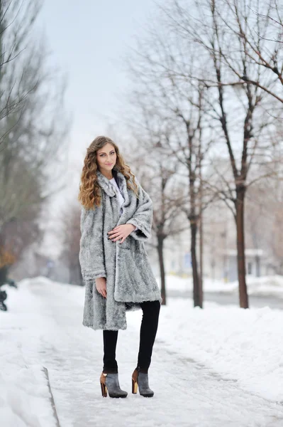 Mujer con abrigo de piel en el parque de invierno —  Fotos de Stock