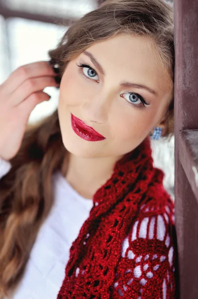 冬季金发女子肖像。在明亮的围巾女孩美丽时尚模型 — 图库照片