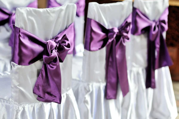 The chairs are decorated with purple bows — Stock Photo, Image