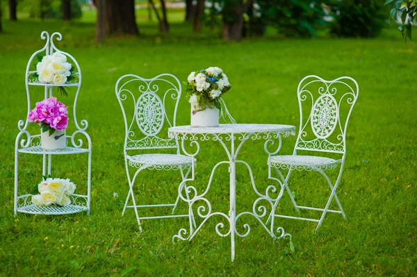 Mesa branca e cadeiras na grama verde — Fotografia de Stock