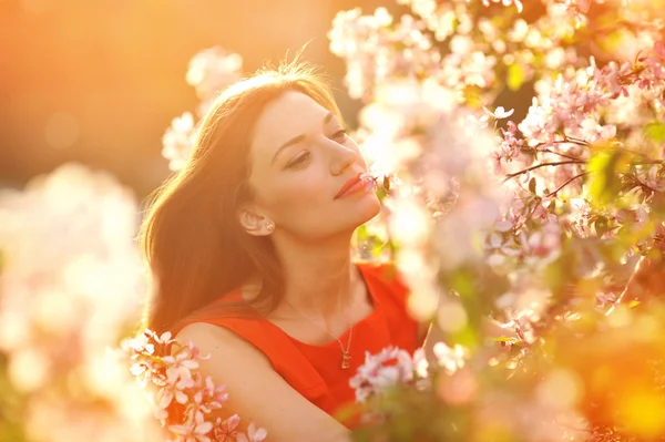 Retrato hermosa chica en el fondo árbol de floración —  Fotos de Stock