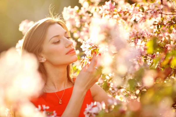 Vacker ung flicka i parken och en blommande träd — Stockfoto