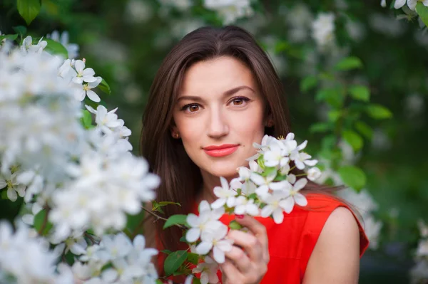 Beautiful young girl in the park and a blossoming white tree — Stock Photo, Image