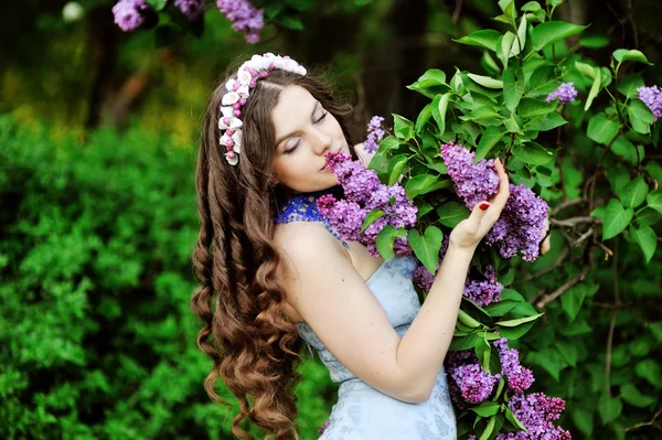 Retrato de mulher jovem perto do lilás florescente Fotografias De Stock Royalty-Free