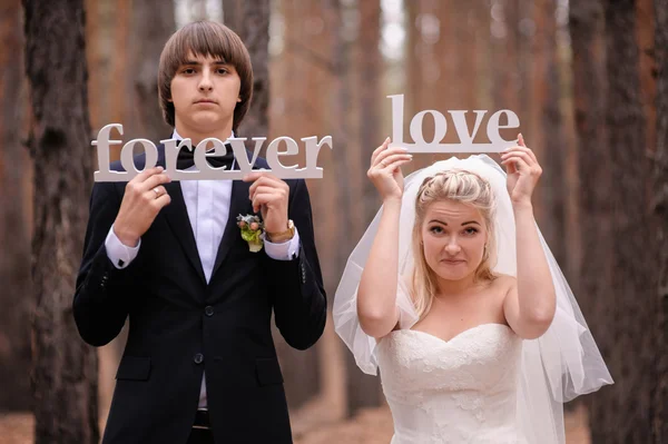 Bruden och brudgummen gå i höst tallskog — Stockfoto