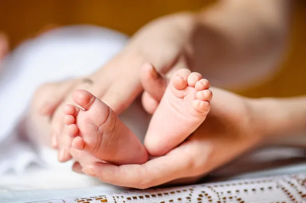 Newborn baby feet in mother's hands — Stock Photo, Image