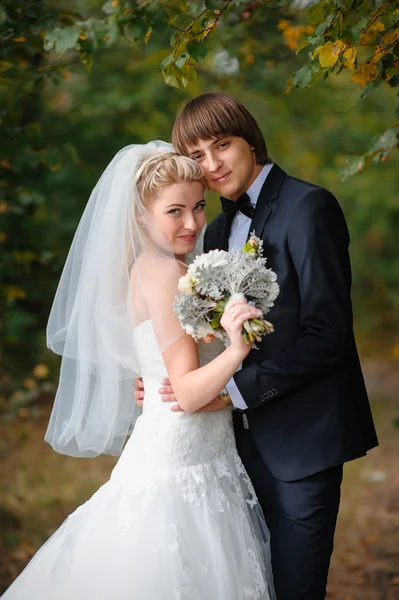 Lyckliga bruden och brudgummen på ett bröllop i parken — Stockfoto