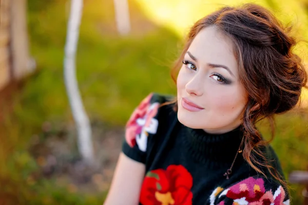 Sexy brunette in dress on the background of green grass — Stock Photo, Image