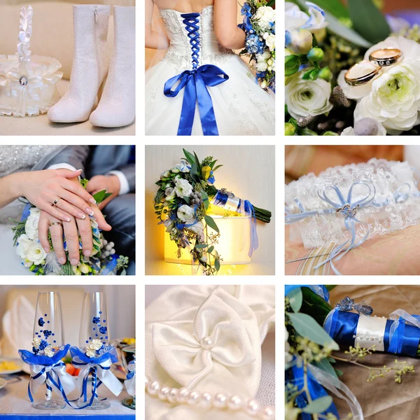 Collage of nine wedding photos in blue — Stock Photo, Image