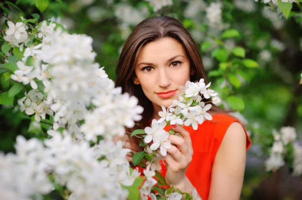 Portret van brunette meisje op een achtergrond van bloeiende bomen — Stockfoto