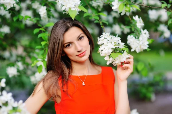 Portret van brunette meisje op een achtergrond van bloeiende bomen — Stockfoto