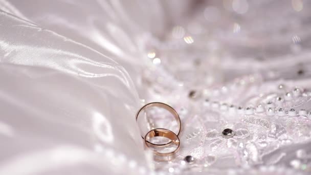 Bruiloft gouden ringen op de jurk van de bruid — Stockvideo
