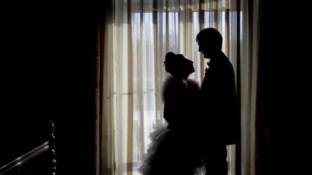 Siluetas de la novia y el novio en el fondo de una ventana — Vídeos de Stock