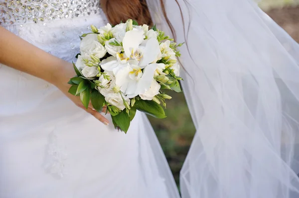 Bride holding a beautiful white bouquet — Stock Photo, Image