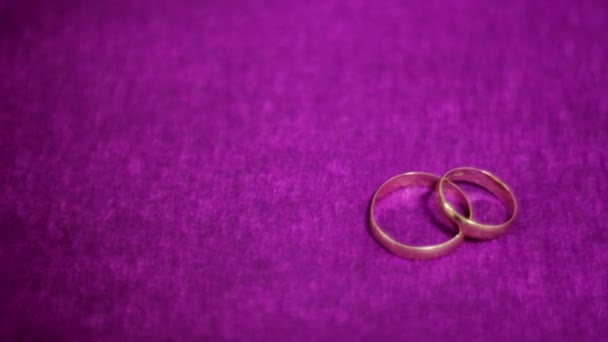 Dos hermosos anillos de boda sobre un fondo púrpura oscuro — Vídeos de Stock