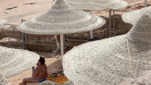 Paraguas en una playa tropical — Vídeo de stock