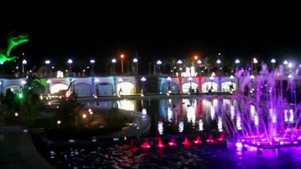 Stadens natten ljus och upplysta fontäner — Stockvideo