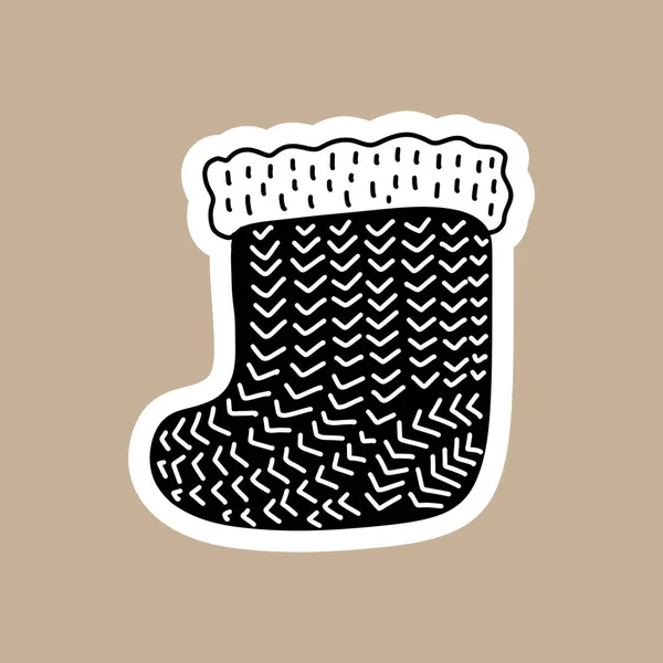 Χριστουγεννιάτικο αυτοκόλλητο μαύρο διάνυσμα με χαριτωμένο και αστείο κάλτσα santa. Χειροποίητος σκανδαλοθηρικός χαρακτήρας σήματος για σημειωματάριο, λεύκωμα ή σχεδιαστή. επίπεδη γραφική απομονωμένη απεικόνιση — Διανυσματικό Αρχείο